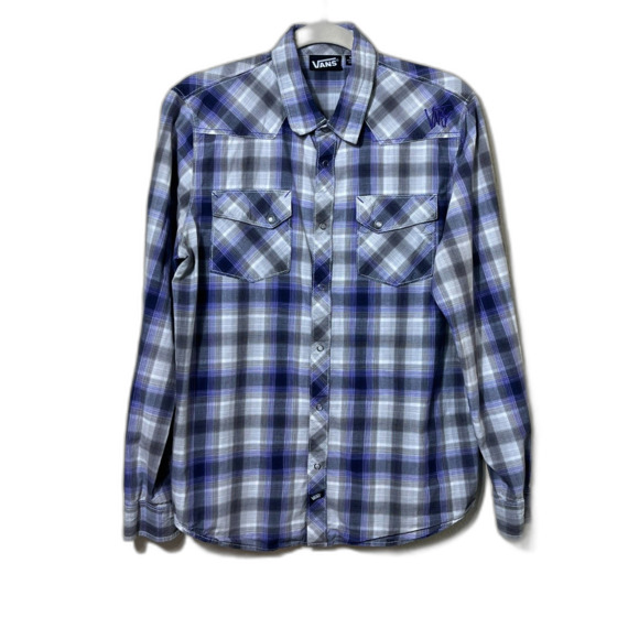 VANS Purple White Checkered Button Down Pearl Snap Western Shirt M Skater - Picture 2 of 11